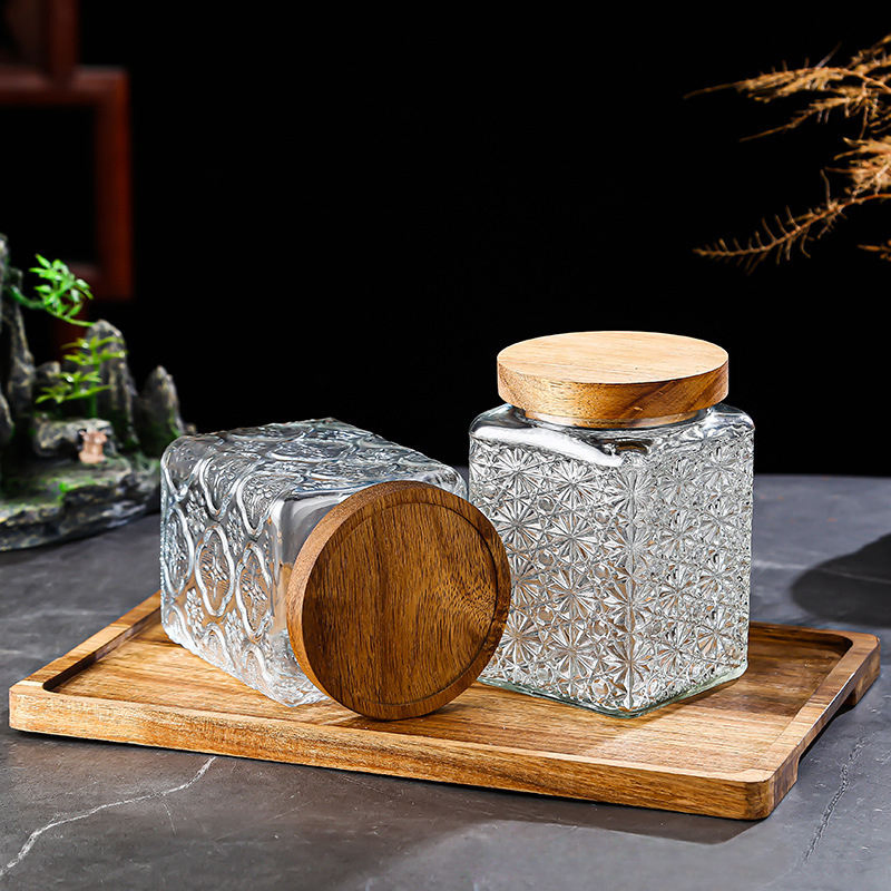 Retro Embossed Glass Jar with Wood Lid for Dried Fruits