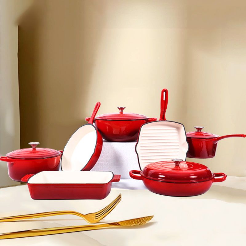 7PCS Cast Iron Enamel Cooking Pot Griddle Mexico Chile Market Non-Stick Cookware Set