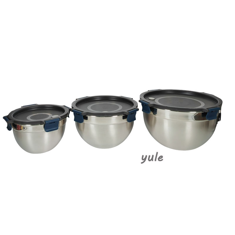 Chaozhou Factory Kitchenware Non-Slip Stainless Steel Salad Bowl Mixing Bowls with Seal Lid