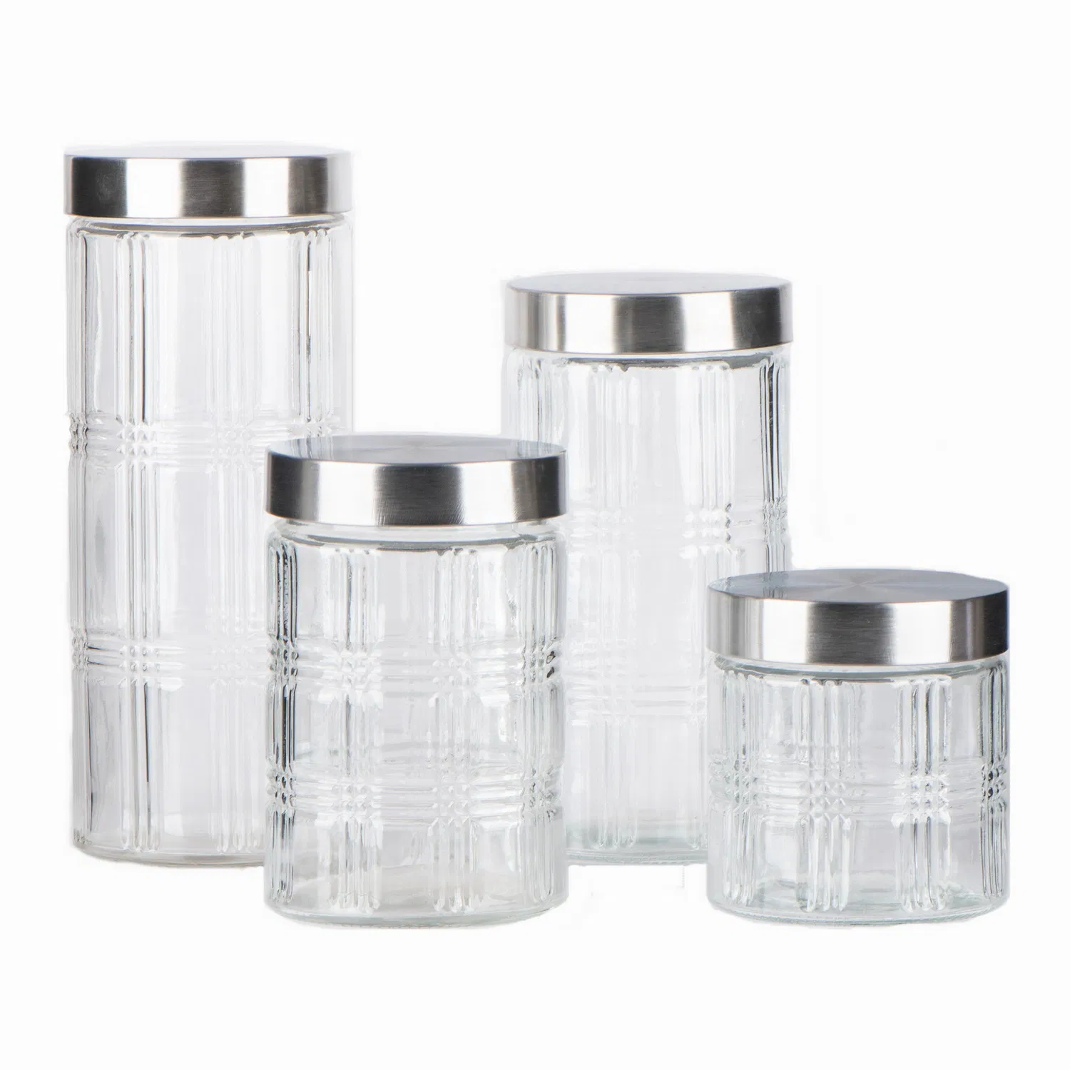 Wide Mouth Food Storage Glassware Glass Jar with Embossed Design and Stainless Steel Lid