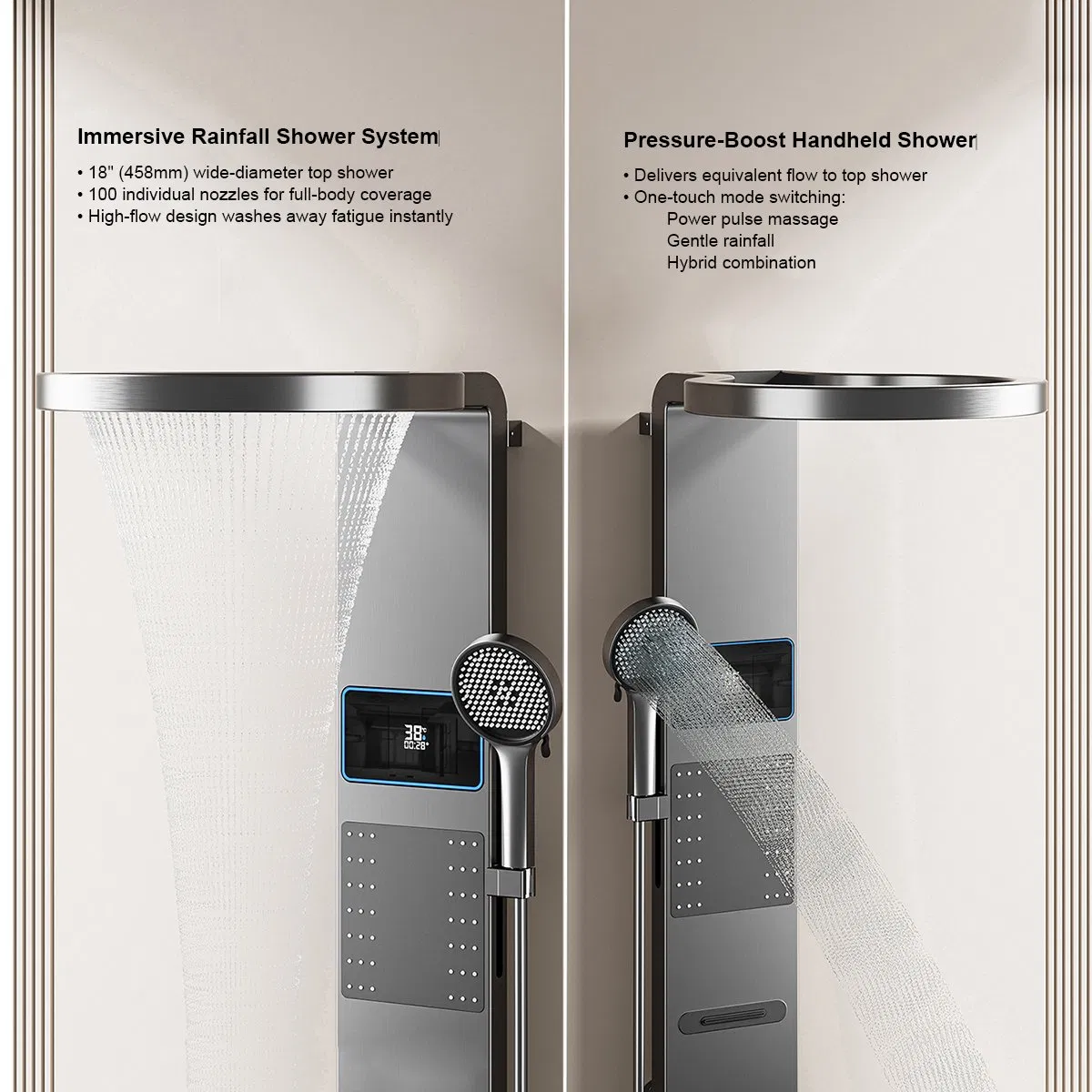 Premium Grey Aluminum Shower Tower - Wall Mounted Rainfall System with LED & Waterfall Jets