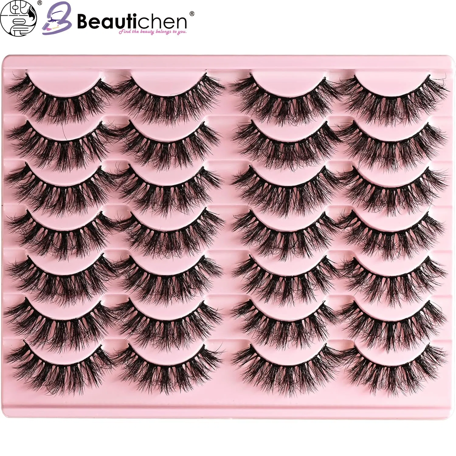 Beautichen 3D Faux Mink False Eyelashes - 20 Pairs in Pink Tray - Dense, Curled, Natural-Looking Lashes for Daily Wear & Special Occasions