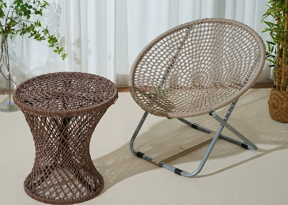 Indoor and Outdoor Folding Chair, Moon Polyester Rope Woven Folding Moon Lazy Portable Folding