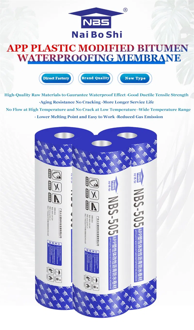 Nbs-505 APP Plastic Modified Bitumen Waterproofing Membrane with Excellent Heat Resistance Durability Strong Waterproof Performance