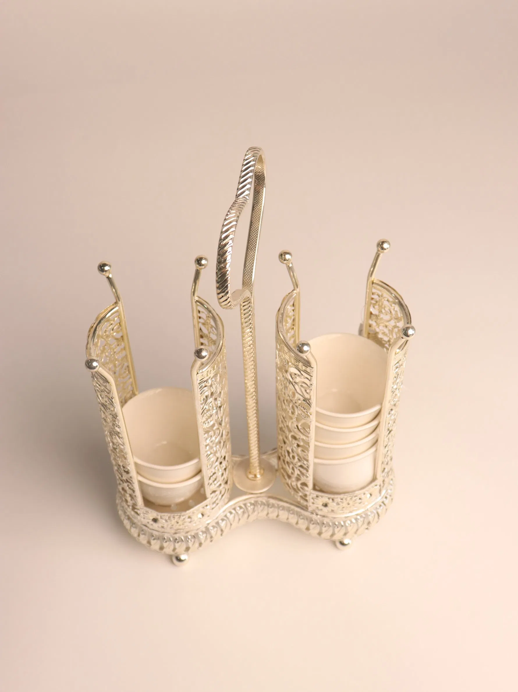 Decorative Silver Plated Iron Frame with Ceramic Tea Cup Decoration Set