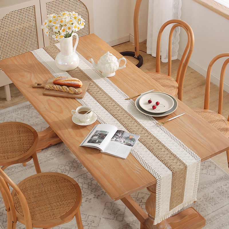 Home Textile White Woven Embroidered Table Cloth Cover Fabric Mat Table Runner