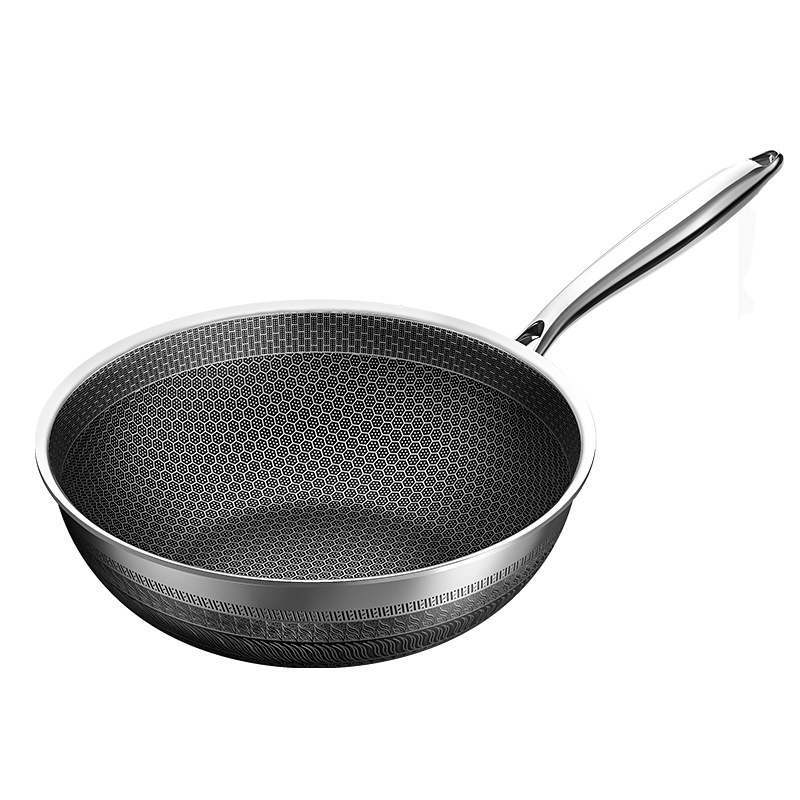 Customized Stainless Steel Honeycomb Uncoated Low Smoke Thick and Non Stick Stir Fry Pan