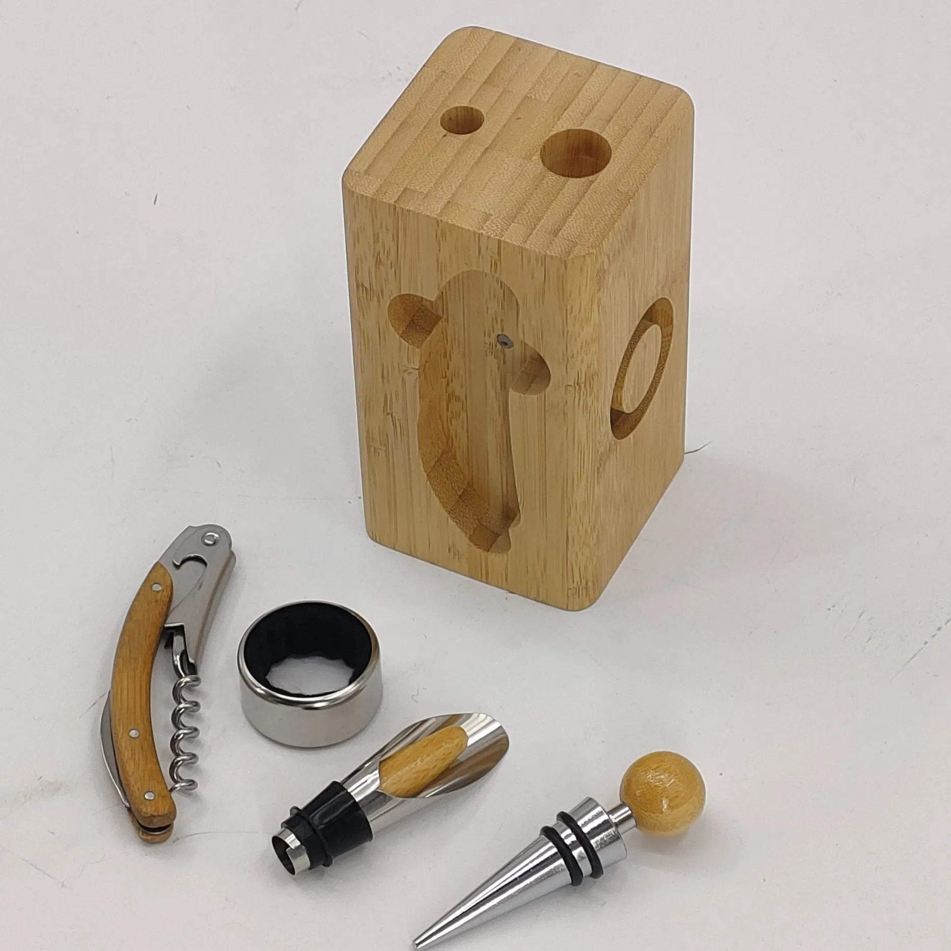 Stainless Steel 5-Piece Stopper Pourer Cutters Wine Bottle Opener Tool Kits with Bamboo Base