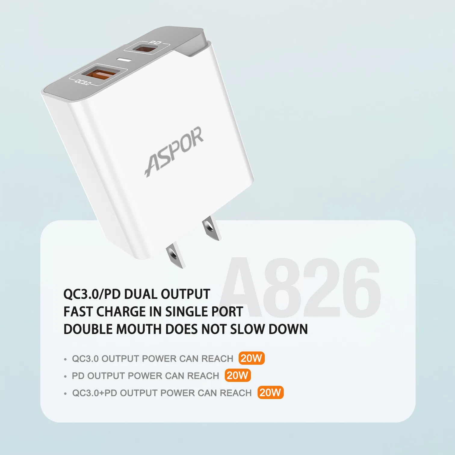 Aspor New A826 20W Pd+ QC Fast Speed Phone Charger EU/Us/UK Pin Type C- Type C / Ipx / Pd Cable