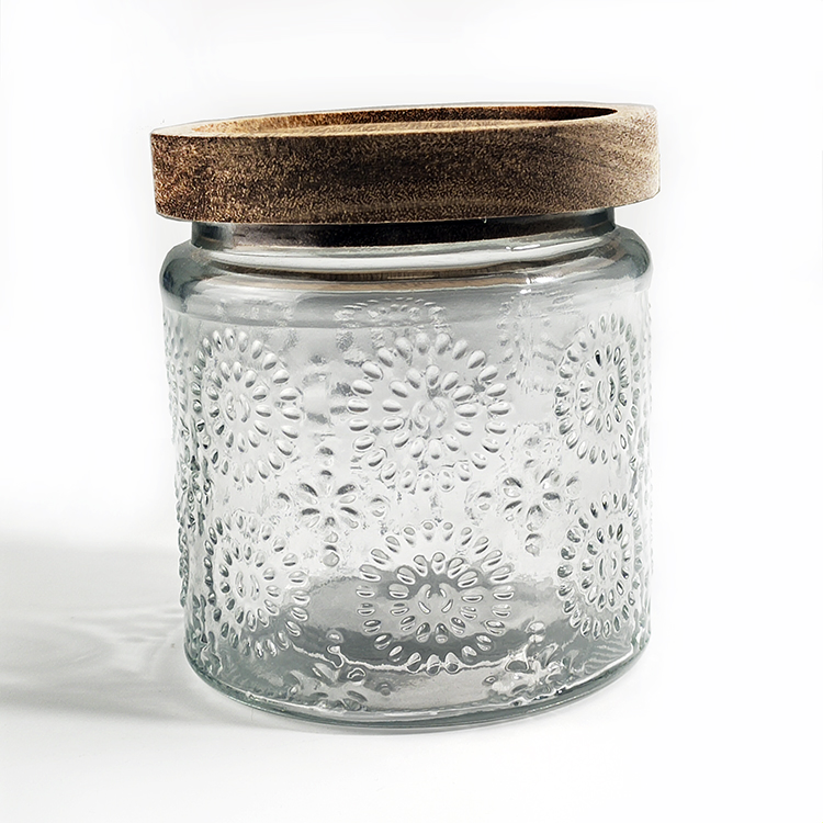 500ml 700ml Embossed Glass Sealed Storage Jar Wooden Lid
