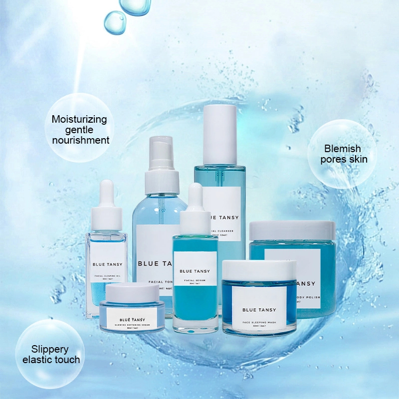 Private Label Hydrating Pore Clarify Anti Acne Facial Cleanser Face Mask Gel Blue Tansy Essential Oil Cream Skin Care Set