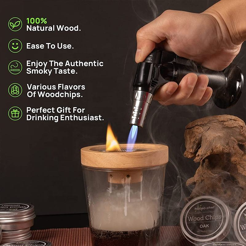 Bar Old Fashioned Whiskey Cocktail Drink Smoker Infuser Kit with Wood Chips and Torch in Gift Box