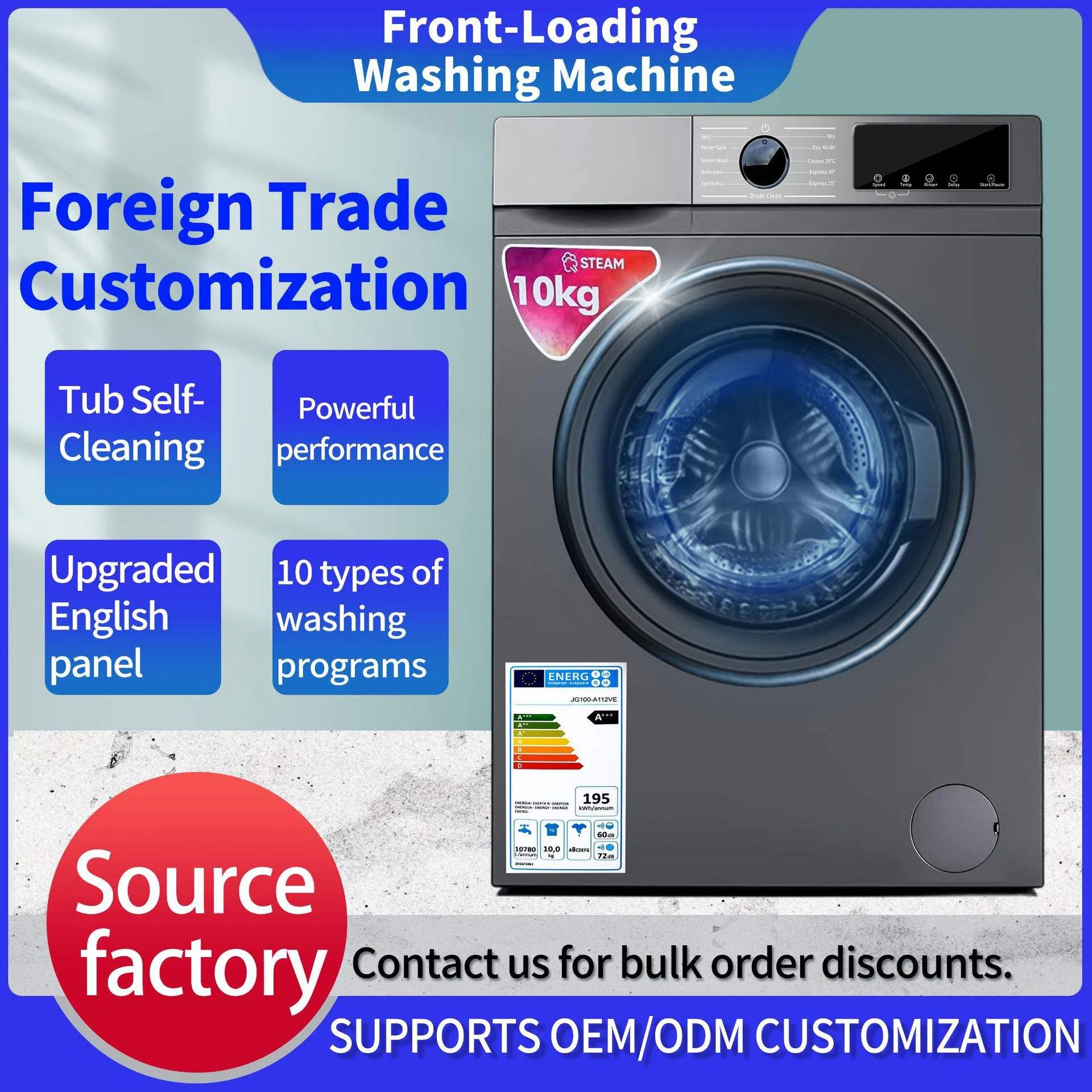 8kg 10kg All-in-One Electric Stainless Steel Washer Dryer Automatic Front-Load Washing Machine