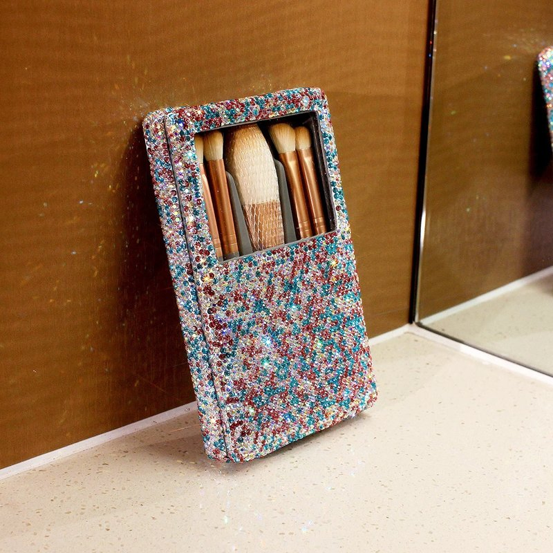 5PCS Wholesale Shiny Diamond Box with Travel Makeup Brush Mini Portable Makeup Brush Set with Mirror Blush Brush