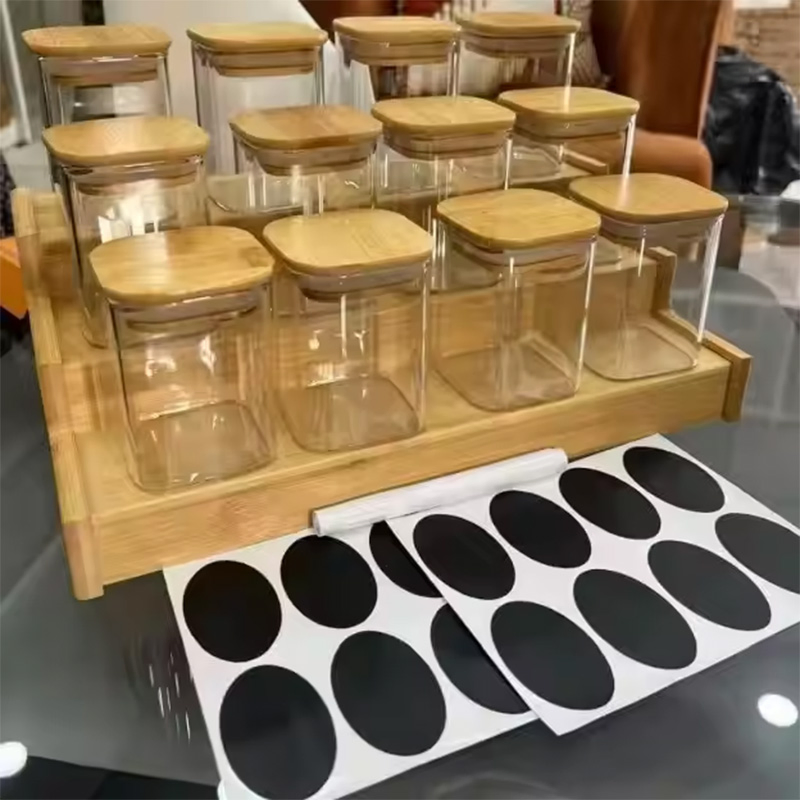 7oz 200ml Bamboo 3 Layers Ladder Frame 12PCS Set Square Bamboo Lid Glass Seasoning Jar