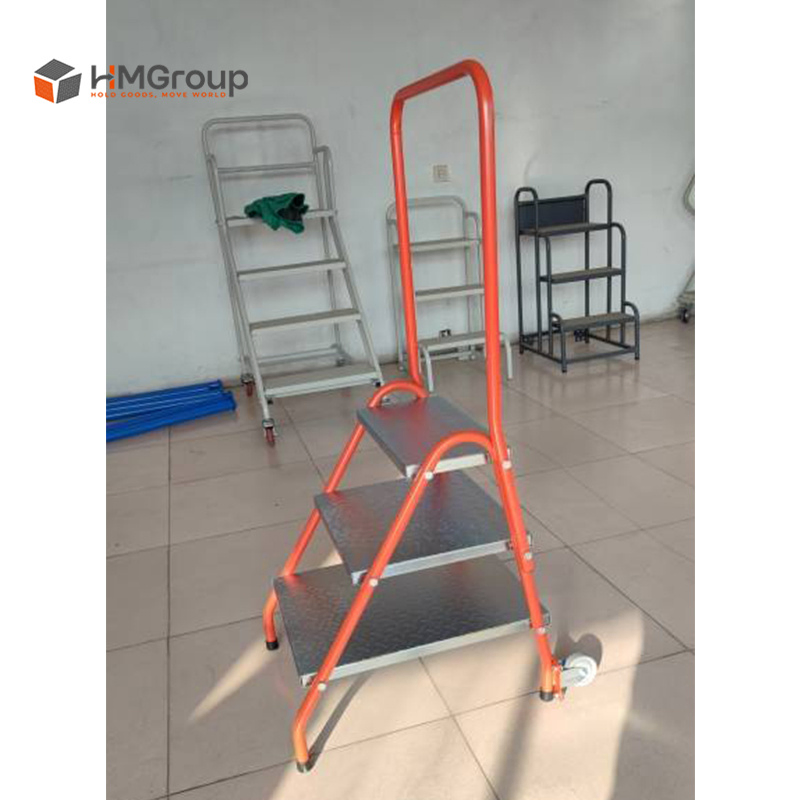 Movable Warehouse Powder Coating Zinc Metal Ladder with Wheels