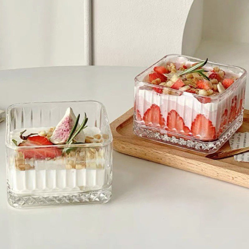 Glass Bowl Stripe Rhombus Pattern Square Shape Bowl Dessert Bowl Breakfast Bowl
