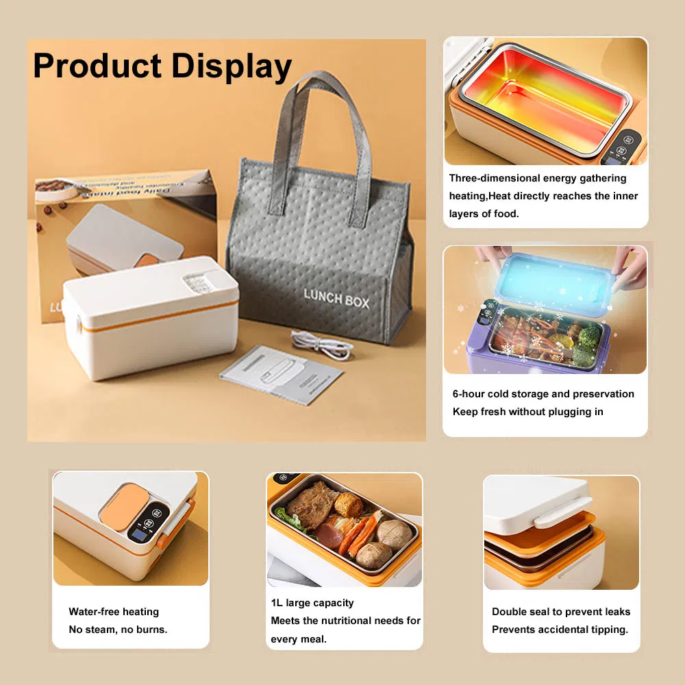 Electric Double Sealed Leak Proof & Food Grade Stainless Steel Heat Lunch Box 12/24/110/220V Portable Food Warmer with The Thermal Carry Bag for Car, Truck, O