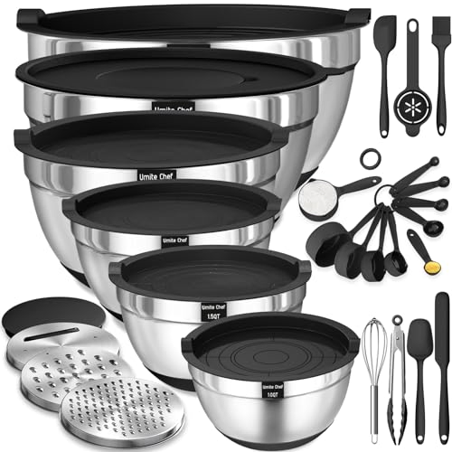Stainless Steel Mixing Bowls with Lids, 26-Piece Set with Grater Attachments
