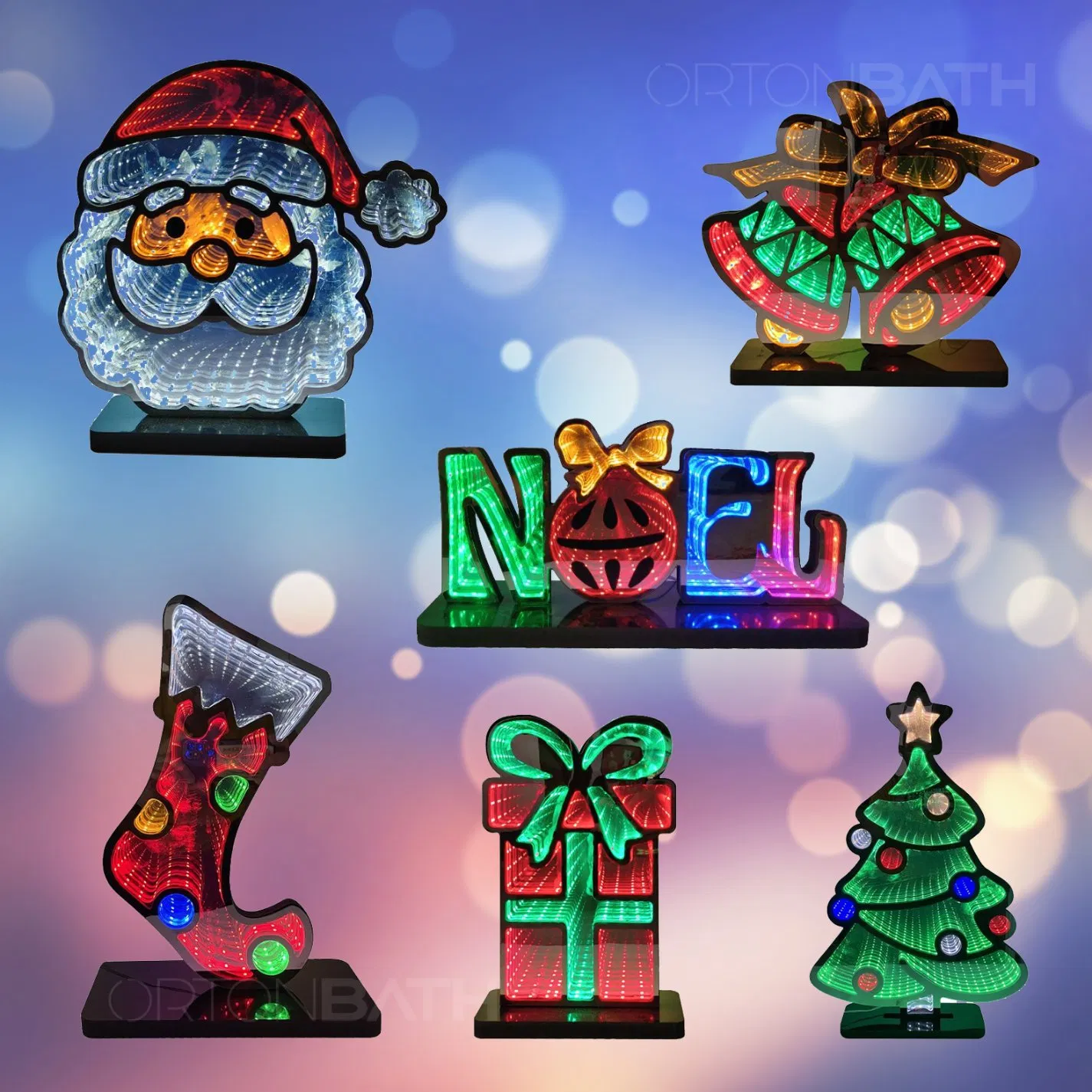 Ortonbath Santa Infinity Deer Mirror Light with Stand,LED Christmas Decoration - USB-Powered - Santa Claus 3D LED Infinity Light - Indoor Seasonal Holiday Decor