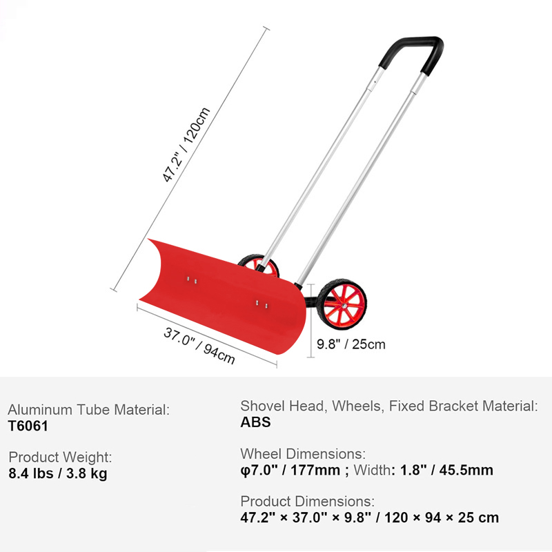 Snow Pusher Shovel with Wheels for Driveway, 37 Inch Bi-Directional Heavy Duty Plastic Snow Pusher on Wheels Rolling Snow Shovel