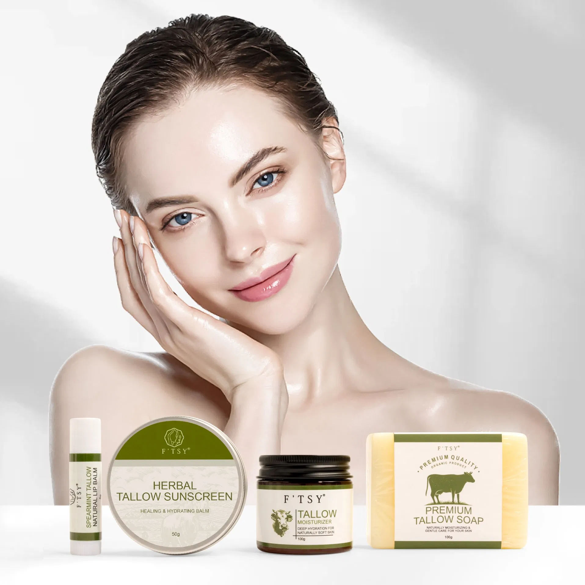Wholesale Skin Care Natural Beef Tallow Honey Facial Kit Moisturizer Sunscreen Balm Lip Balm Soap 4 in 1 Tallow Skin Care Set