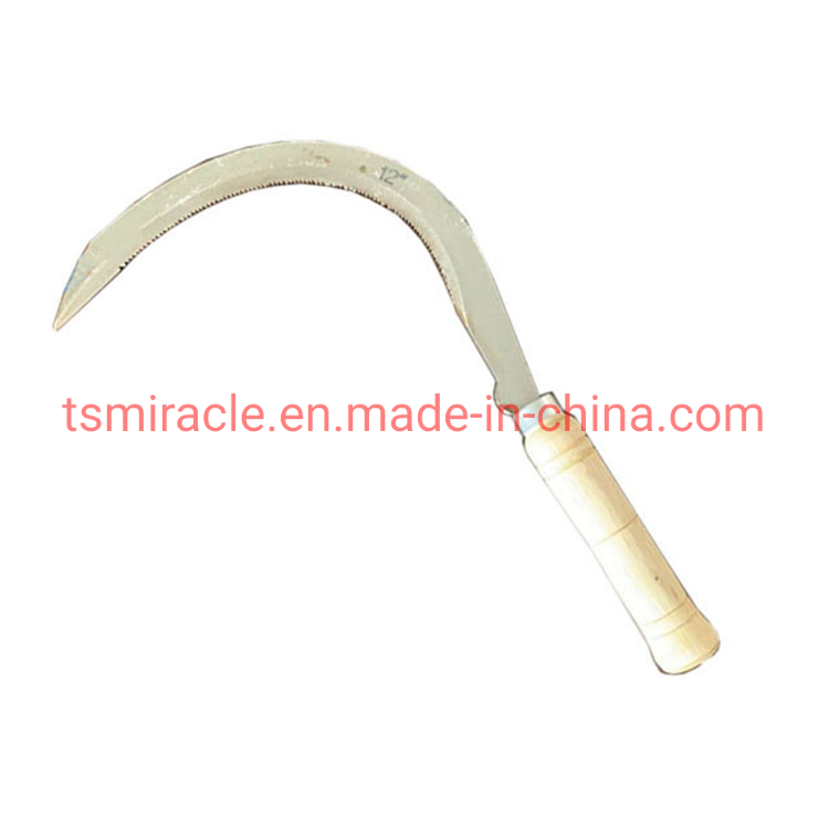 High Quality Carbon Steel Cutting Garden Farming Tool Grass Tooth Sickle with Wooden Handle