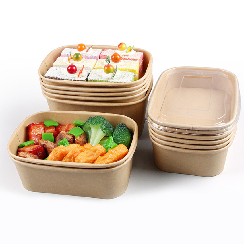 Eco-Friendly Fast Food Salad Takeout Package Disposable Kraft Paper Bowl with Lid