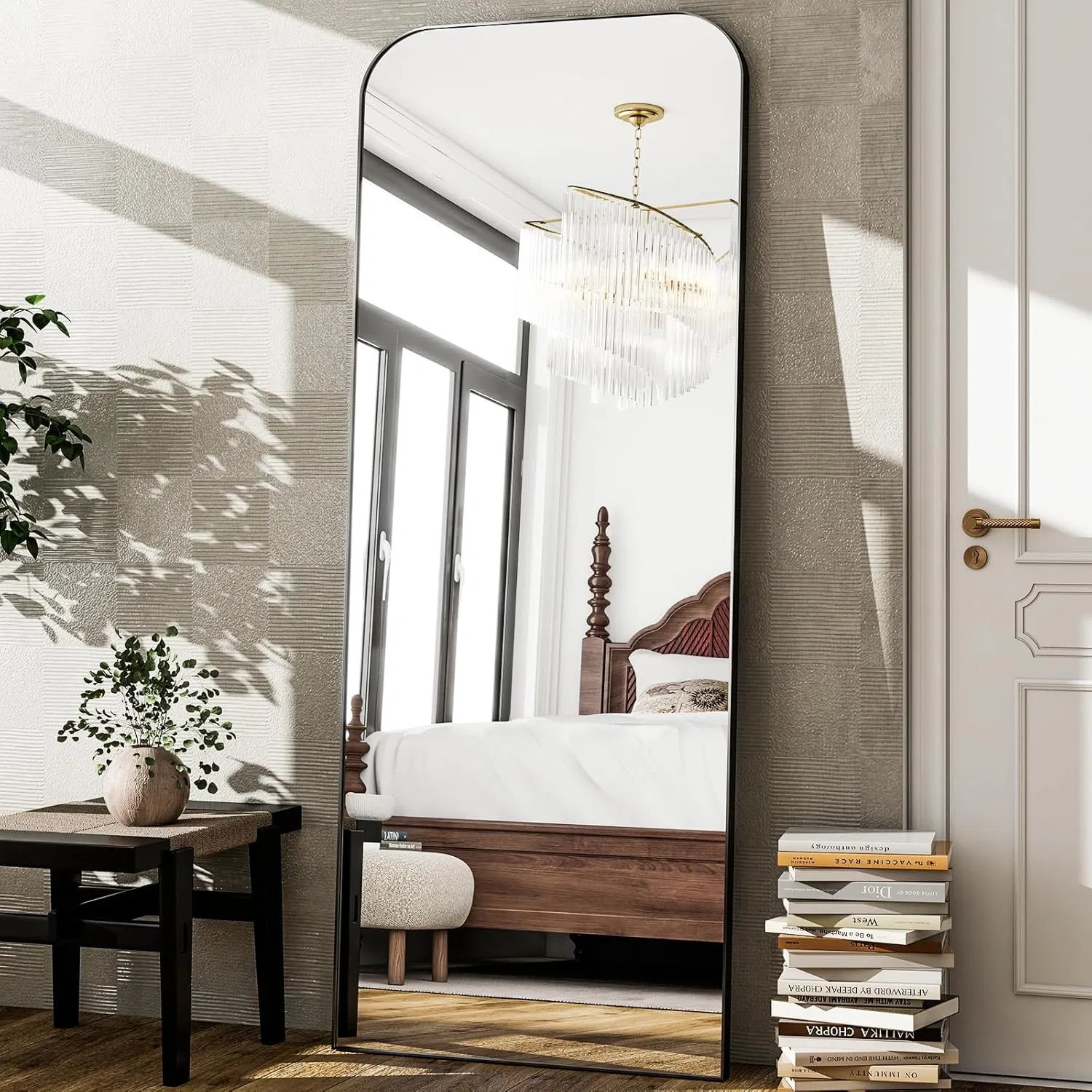 120*60 Cm Full Body Mirror Top Rounded Corner Aluminum Frame Full Length Mirror Hanging or Leaning Wall Floor Mirror with Stand for Cloakroom, Bedroom