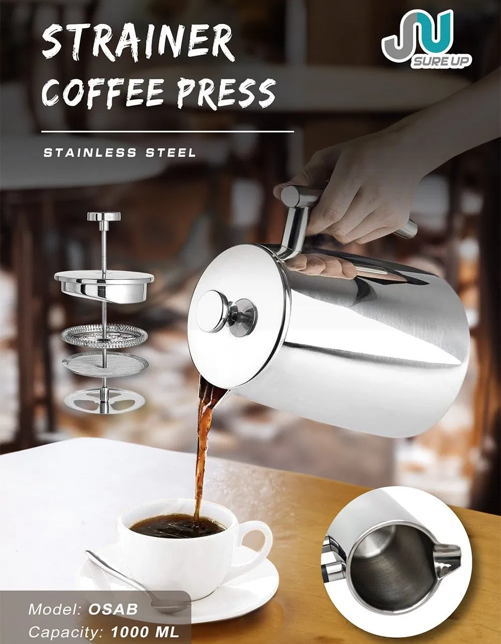Double Wall Stainless Steel 304 French Press Coffee Maker for Home Use