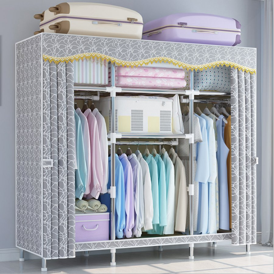 Simple Wardrobe with Bold Reinforcement Steel Pipe Polyester Assembly Storage Wardrobe