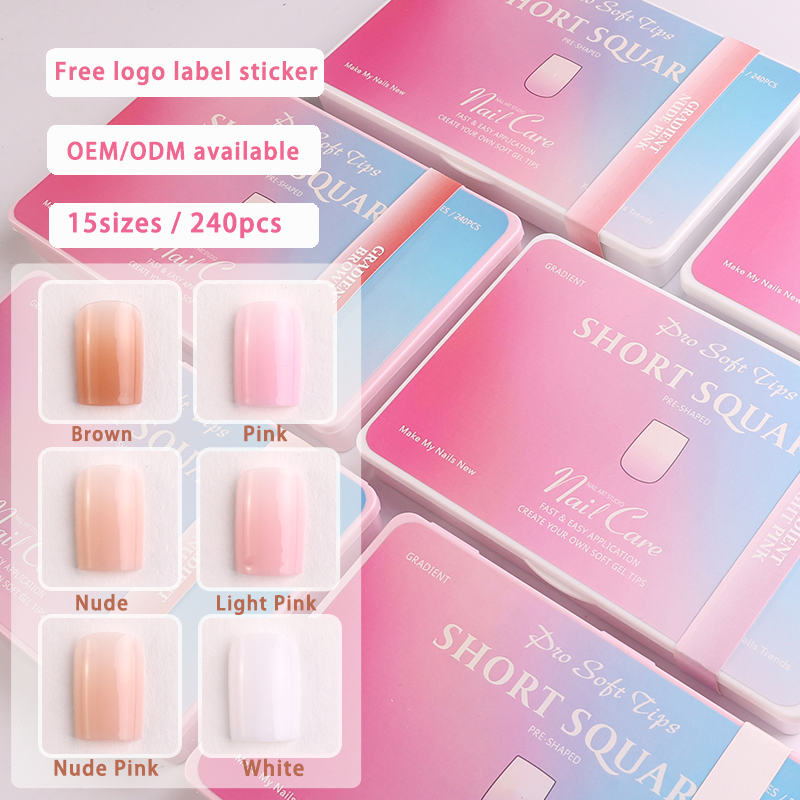 Hot Sale Fake Nail Tips Acrylic Gradient Pink Short Square Fake Nail for Nail Art