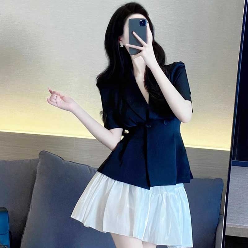 Комплект женский топ V-вырез и юбка пышная приталенная