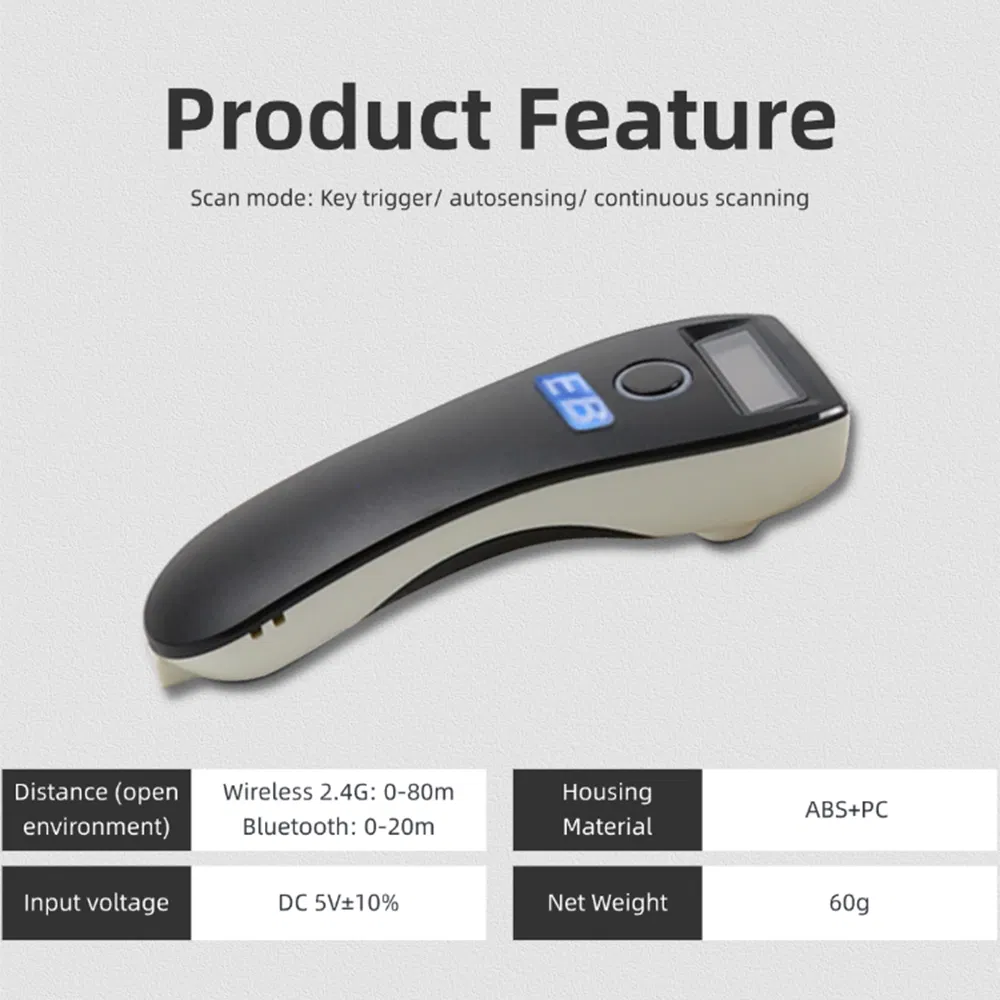 HBS-600B Portable 2D Wireless Barcode Scanner with OLED Display High Speed Decoding Handheld BT 2.4G Barcode Reader