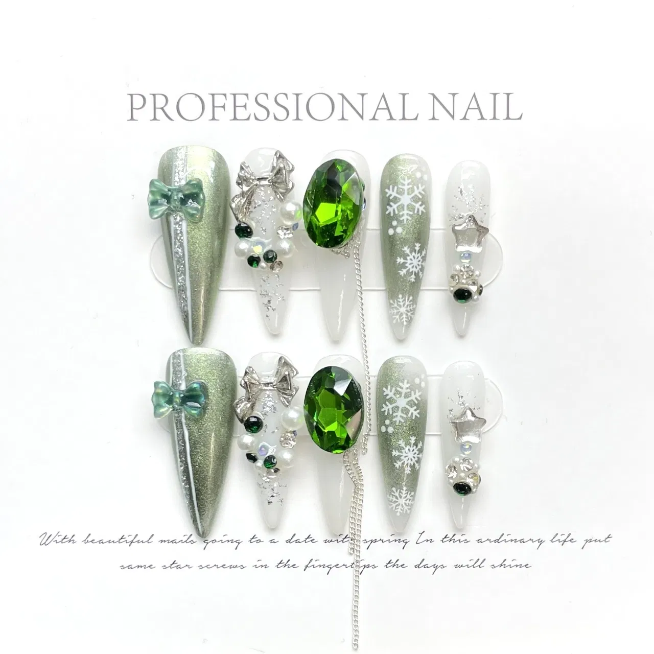 Punk Stiletto Silver Bow White Snowflake Pearl Bow OEM False Nails with Chain Green Glitter Rhinestone Design Luxury Full Cover High Quality Press on Fake Nails
