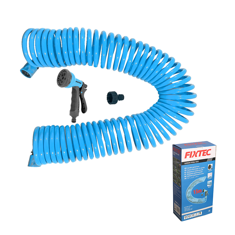 Fixtec EVA Retractable Coil Garden Hose 50FT with Spray Nozzle Gun Telescopic Hose Spring Water Pipe Car Wash Watering Spiral Coil Garden Hose