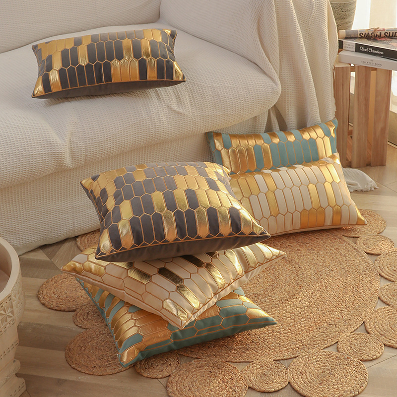 Pillow Case Golden Plaid Embroidery Velvet Cushion Cover Luxury European Pillowcase