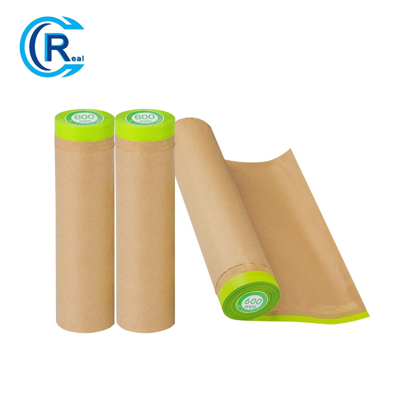 Pre-Taped Masking Paper for Painting - 24 Inch X 50 Feet Tape and Drape Painters Paper, Paint Adhesive Protective Paper Roll for Covering Skirting, Frames, Cars