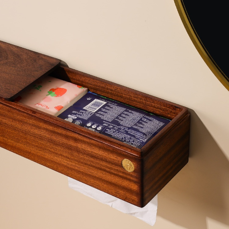 Wooden Storage Box Doubling as Kitchen Tissue and Toilet Paper Roll Dispenser