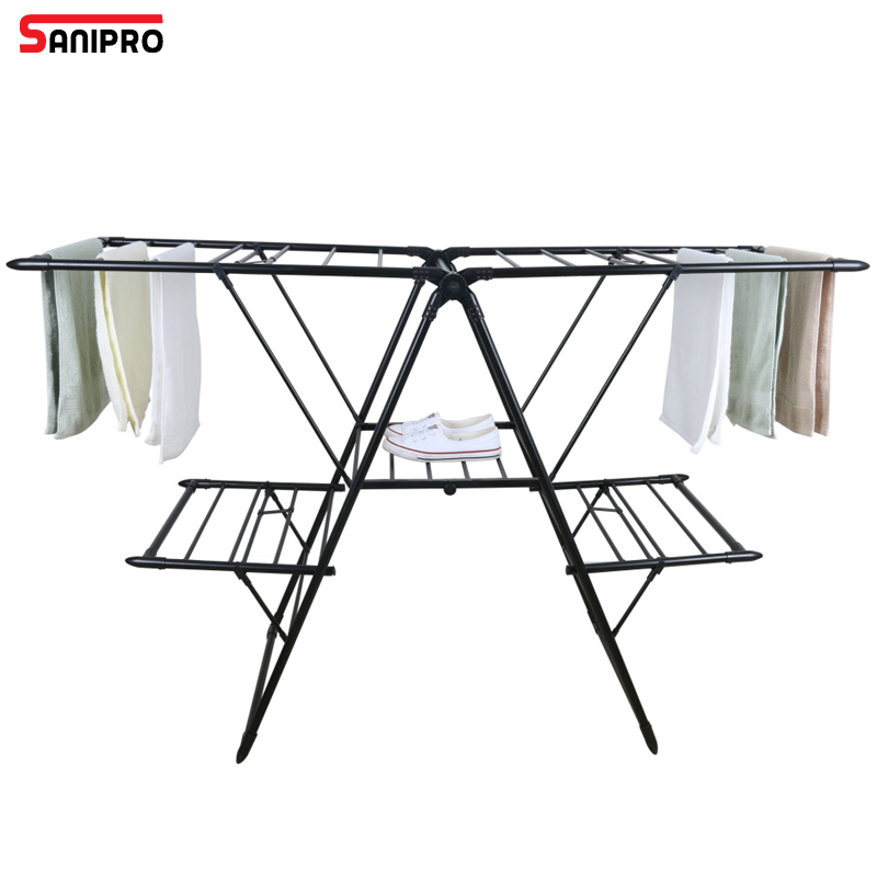 Sanipro High Quality Metal Collapsible Balcony Laundry Hanger Foldable Floor-Standing Wing Type Clothes Drying Rack
