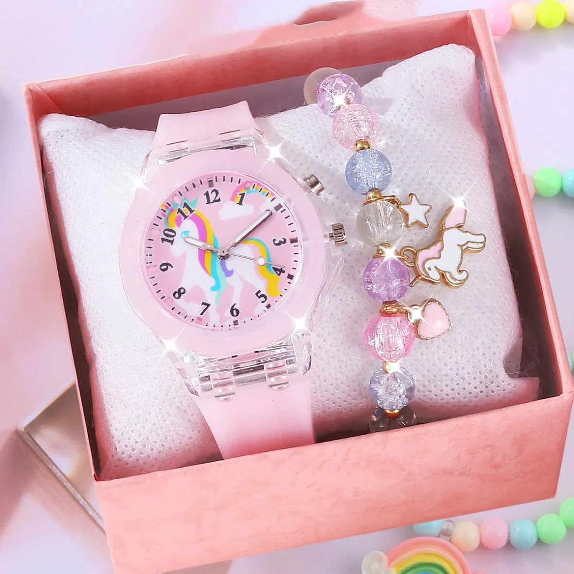 Pink Girl Gift Luminous Quartz Watch Set Bracelet Cute Cartoon