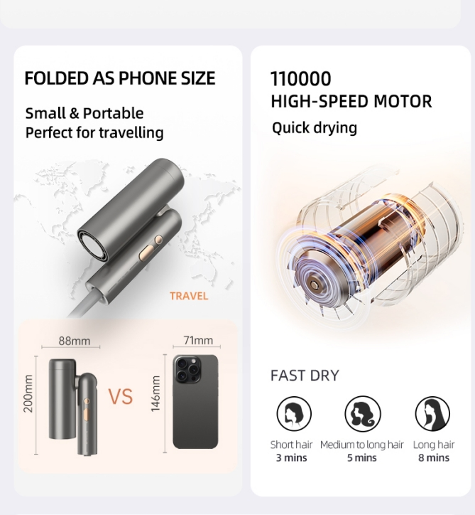 100~240V UNIVERSALPORTABLE FOLDINGHIGH-SPEED HAIR DRYER