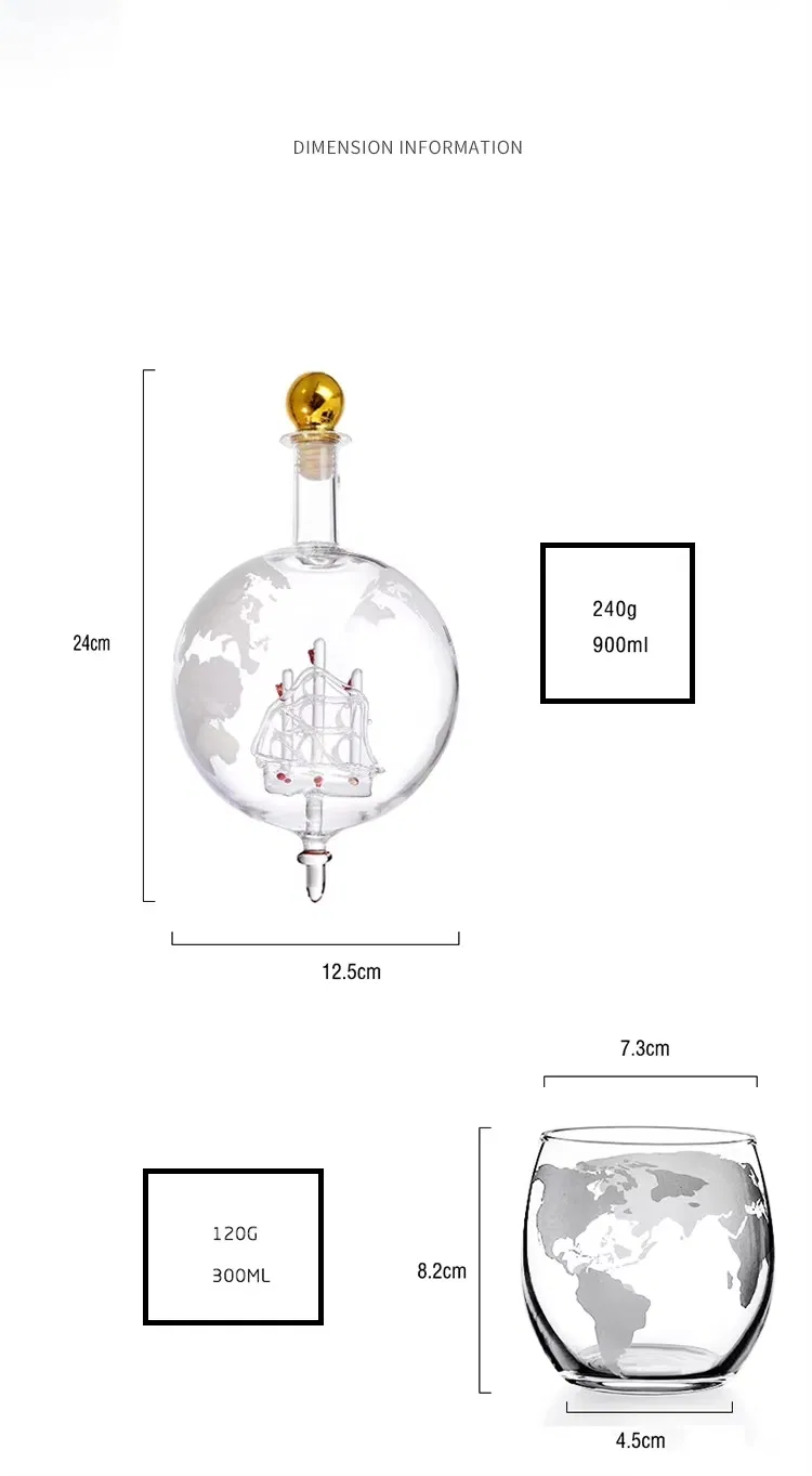 900ml Glass Globe Whiskey Decanter Set with Matching Glasses and Bar Funnel for Wine Vodka