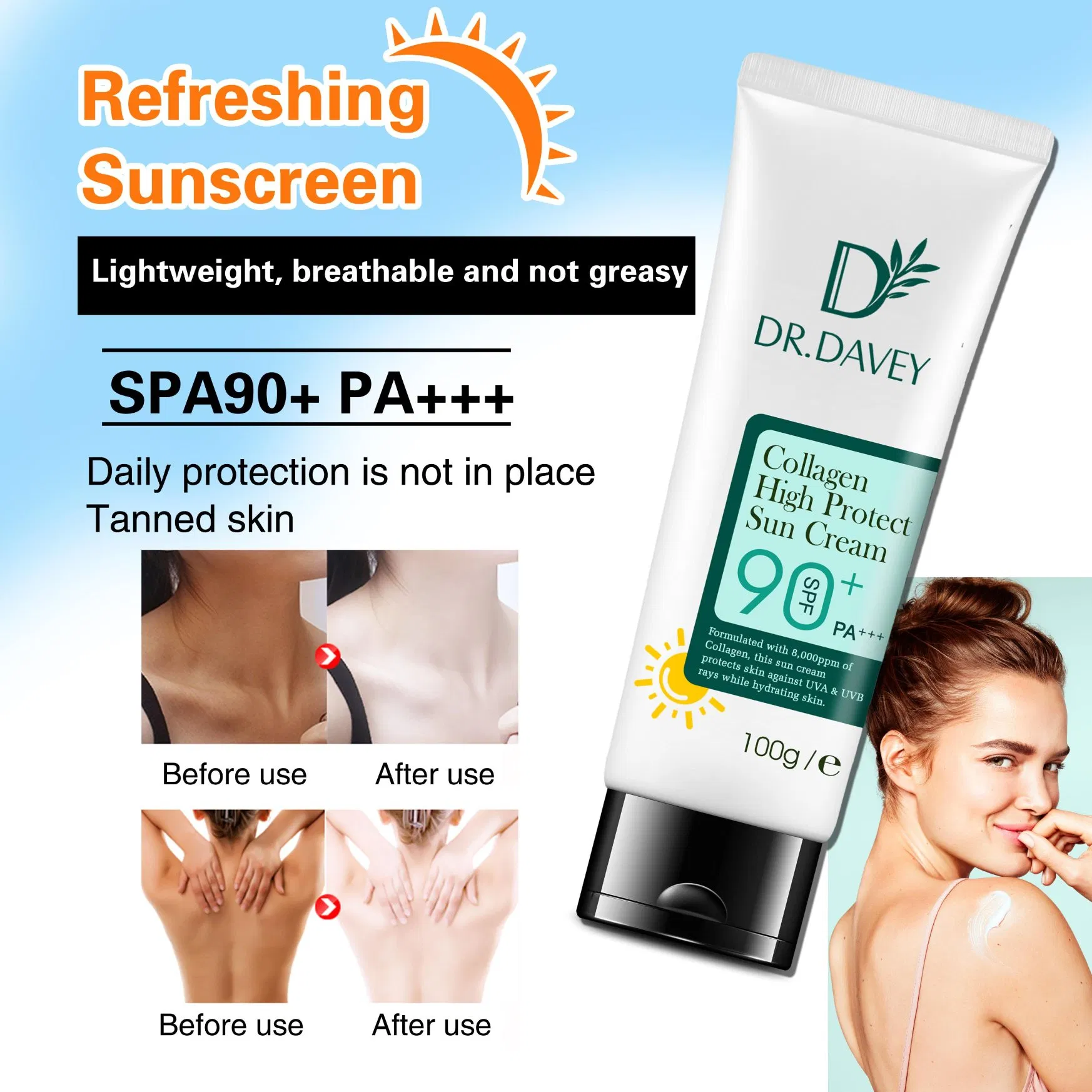 Roushun Dr. Davey SPF90 Collagen Whitening Sunscreen Private Label Protective Sun Cream