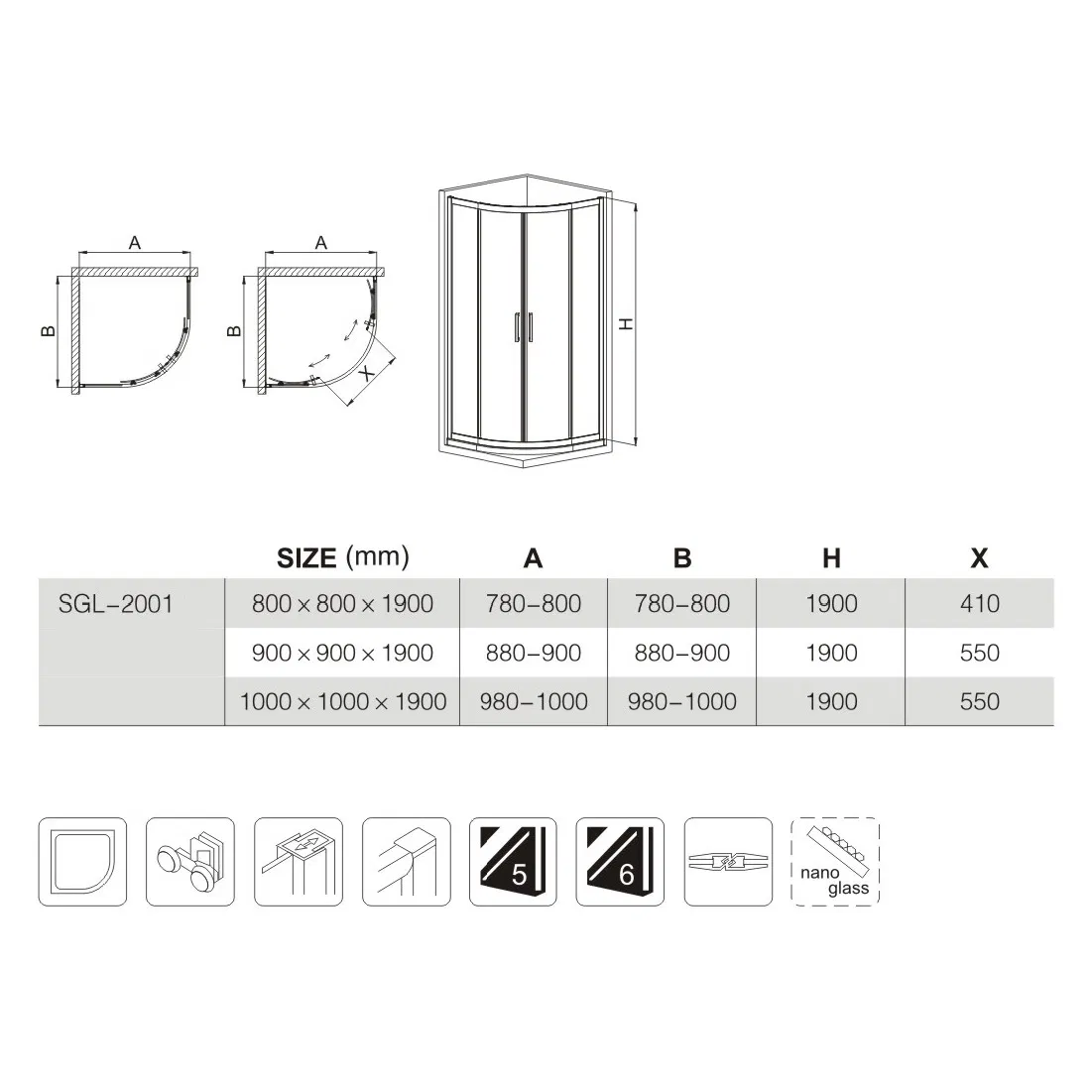 Quadrant Sliding Shower Cabin 6mm Tempered Glass Door 80X80cm Round Shower Enclosure 36"X36" Corner Mounted