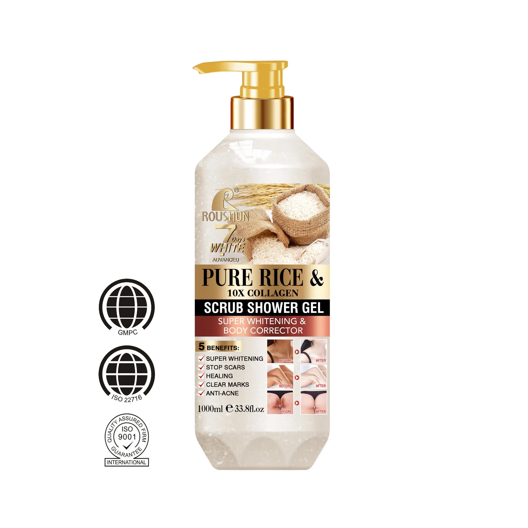 Roushun 1000ml Exfoliating Deep Cleansing Whitening Pure Rice Shower Gel Used on Bath