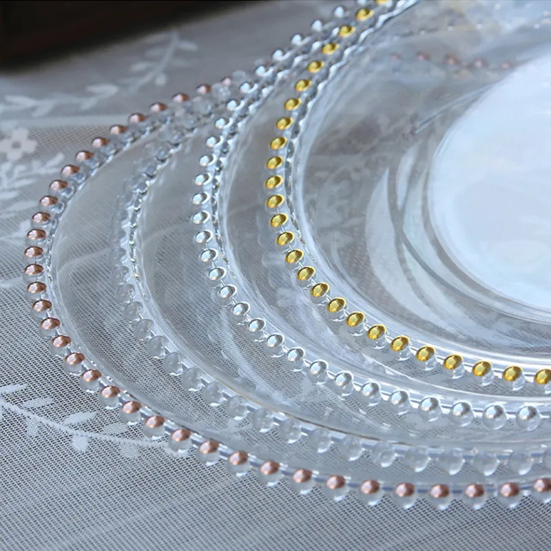Wholesale Reusable 13inch Clear Acrylic Charger Plates with Gold Beaded Rim for Wedding Birthday Dinner Tableware Plates
