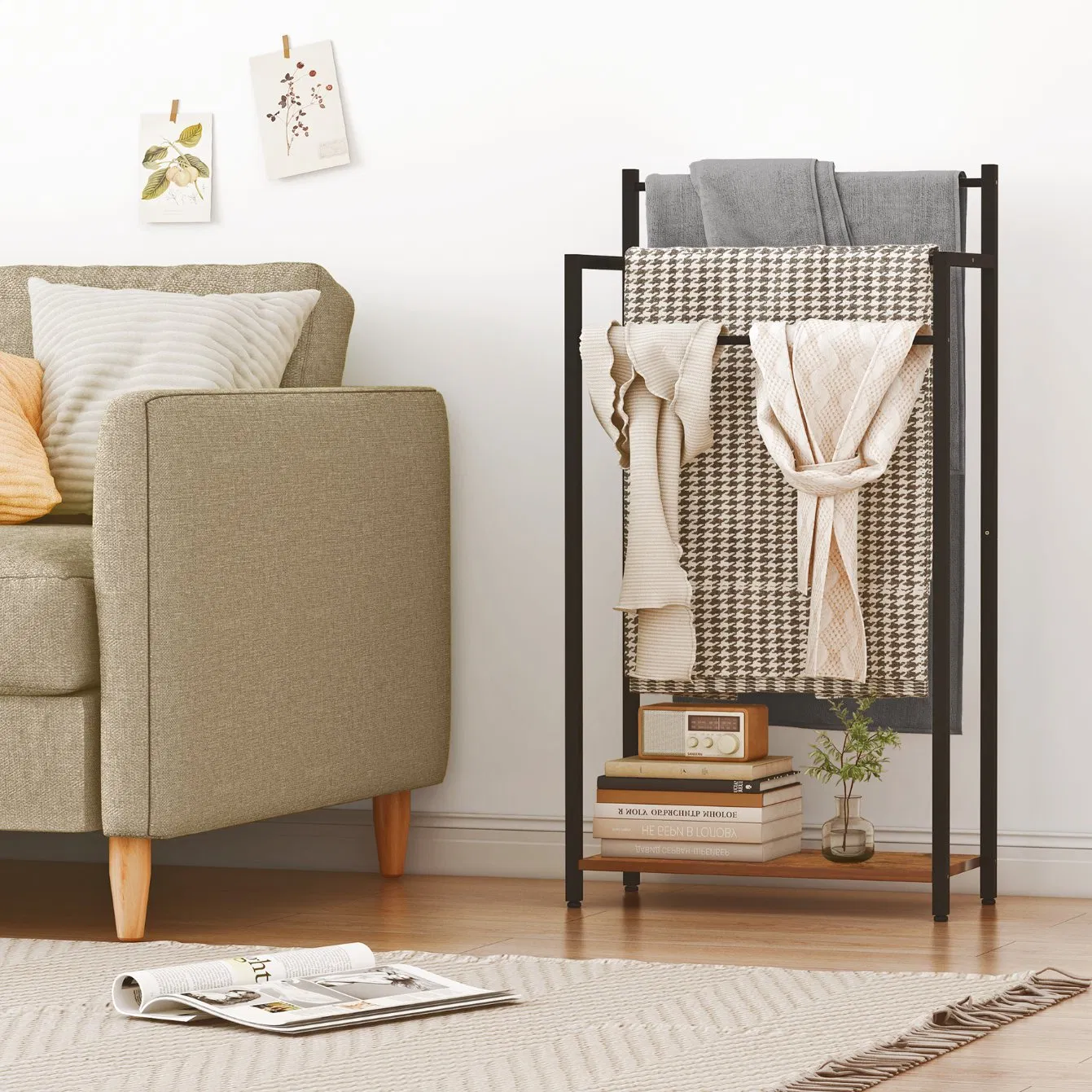 3 Tier Wooden Metal Freestanding Towel Rack Blanket Ladder Stand for Bathroom Living Room