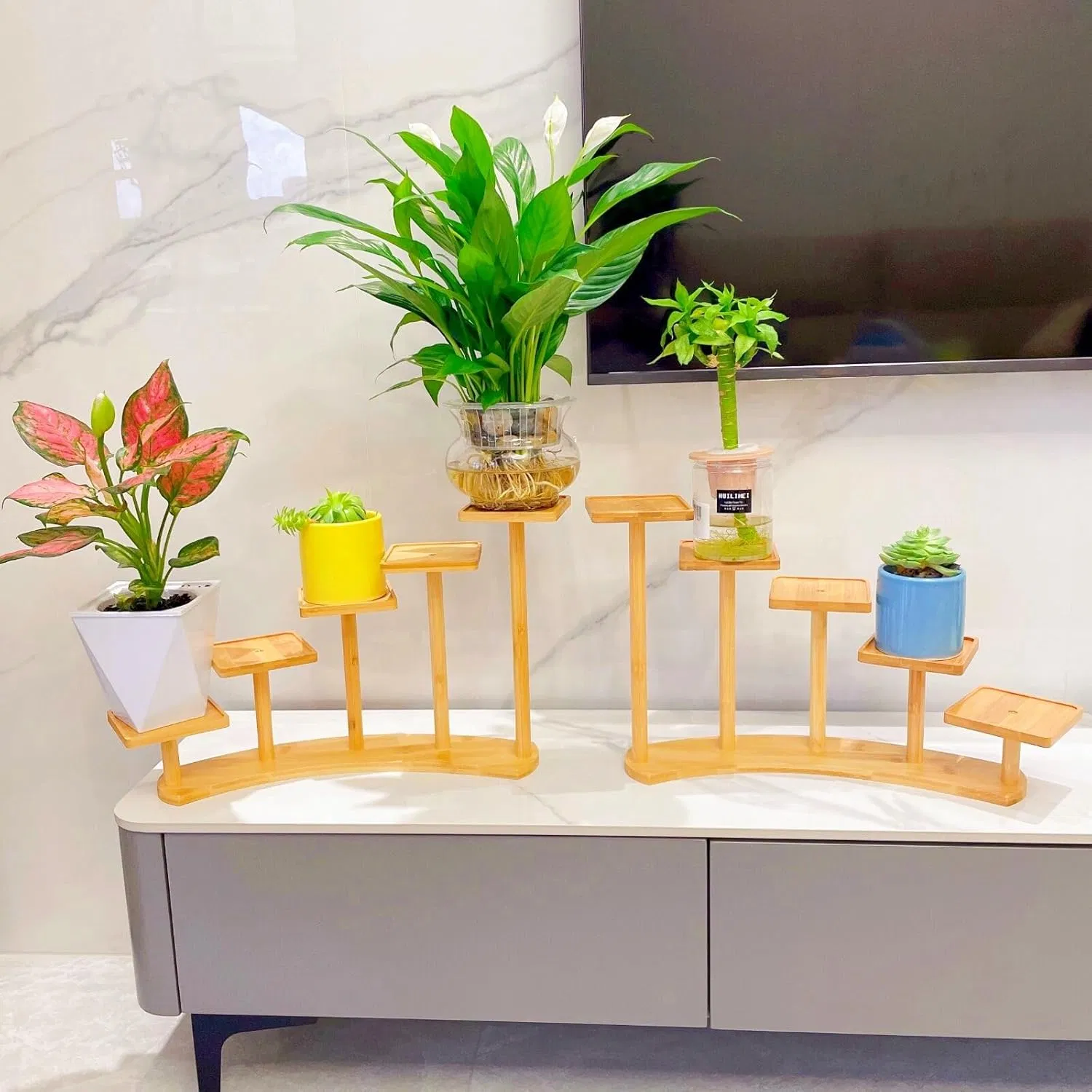 Bamboo Household Living Room Balcony Two-Piece Set Square Succulent Potted Bamboo Flower Rack