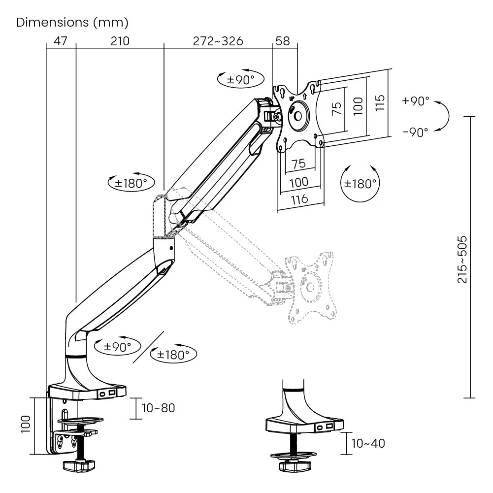 Кронштейн для монитора с газовой пружиной и USB, до 45 дюймов